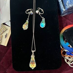 Vintage 1950s Aurora Borealis Crystal Necklace and Earring Set